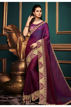 Purple satin embroidered party wear saree  10609